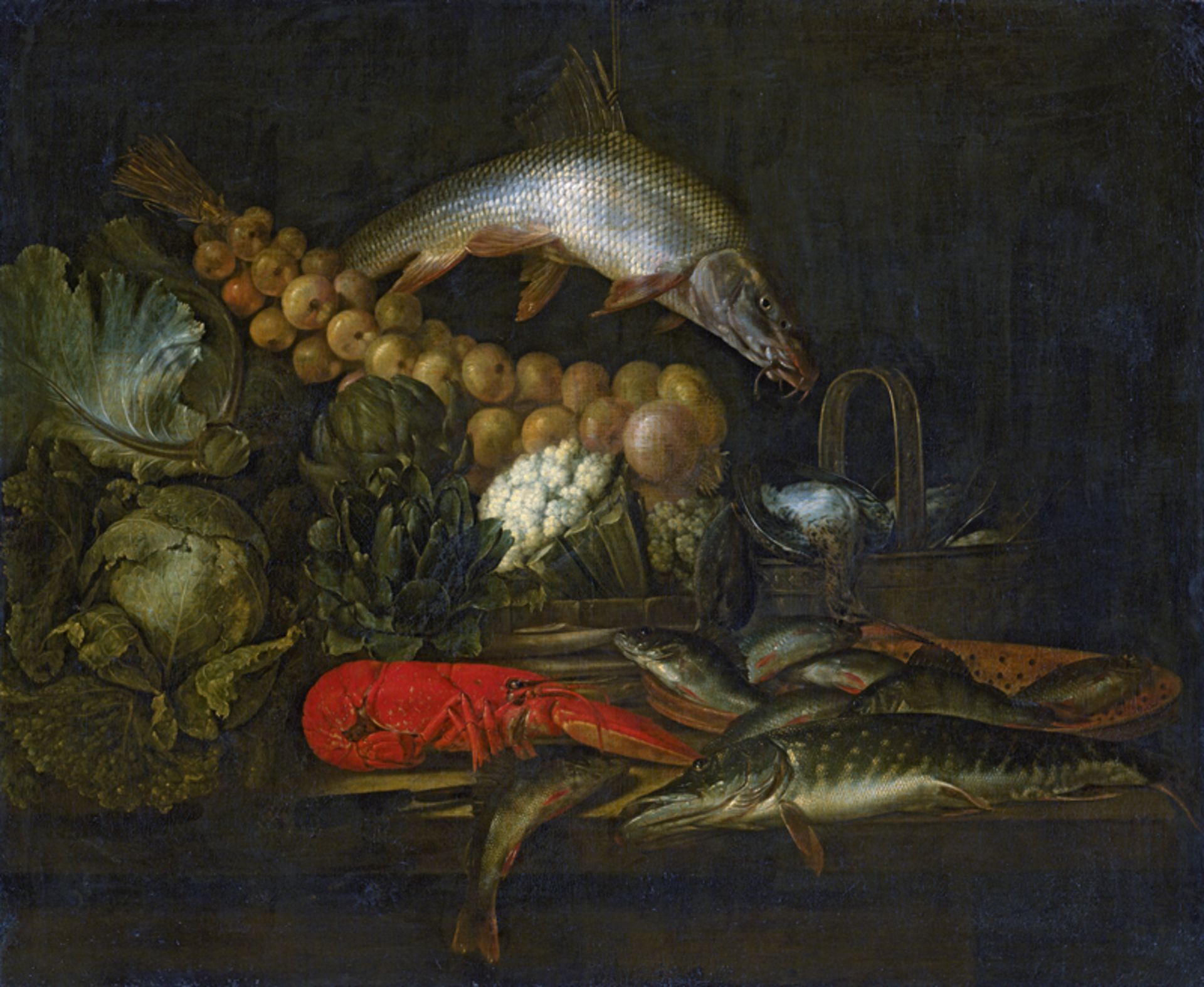 Govertsz, Dirck - zugeschrieben: Stillleben mit Fischen, Hummer, Artischocken und Schnepf...