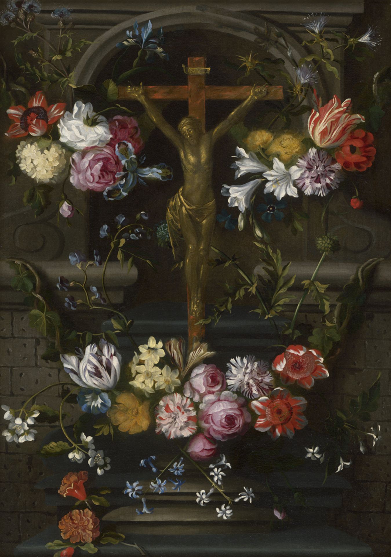 Bruegel d. J., Jan - Werkstatt: Kruzifix in einer Nische umgeben von Blumen