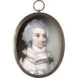 Engleheart, George: Miniatur Portrait einer Frau in weißem Kleid mit Perlenk...