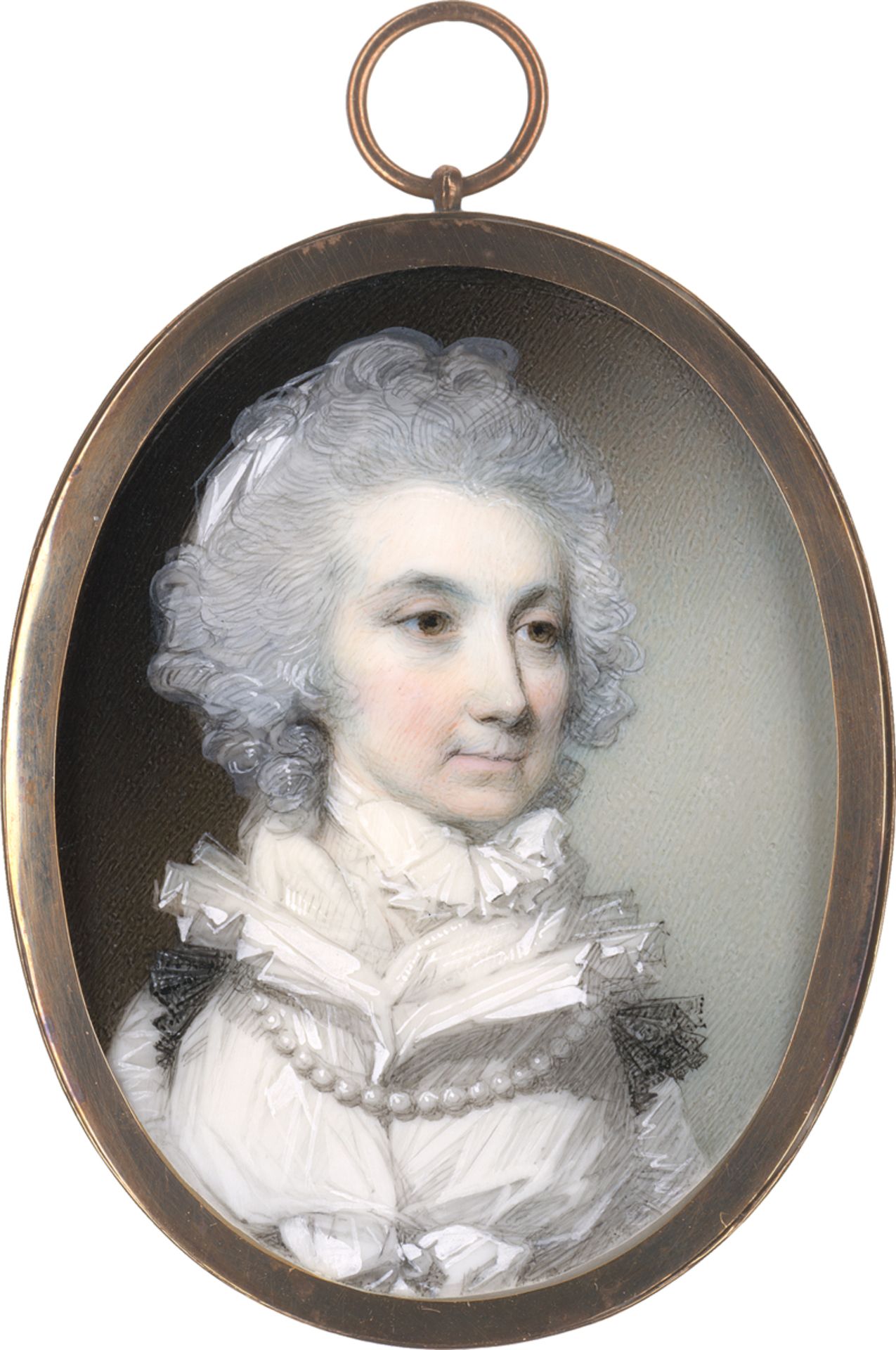 Engleheart, George: Miniatur Portrait einer Frau in weißem Kleid mit Perlenk...
