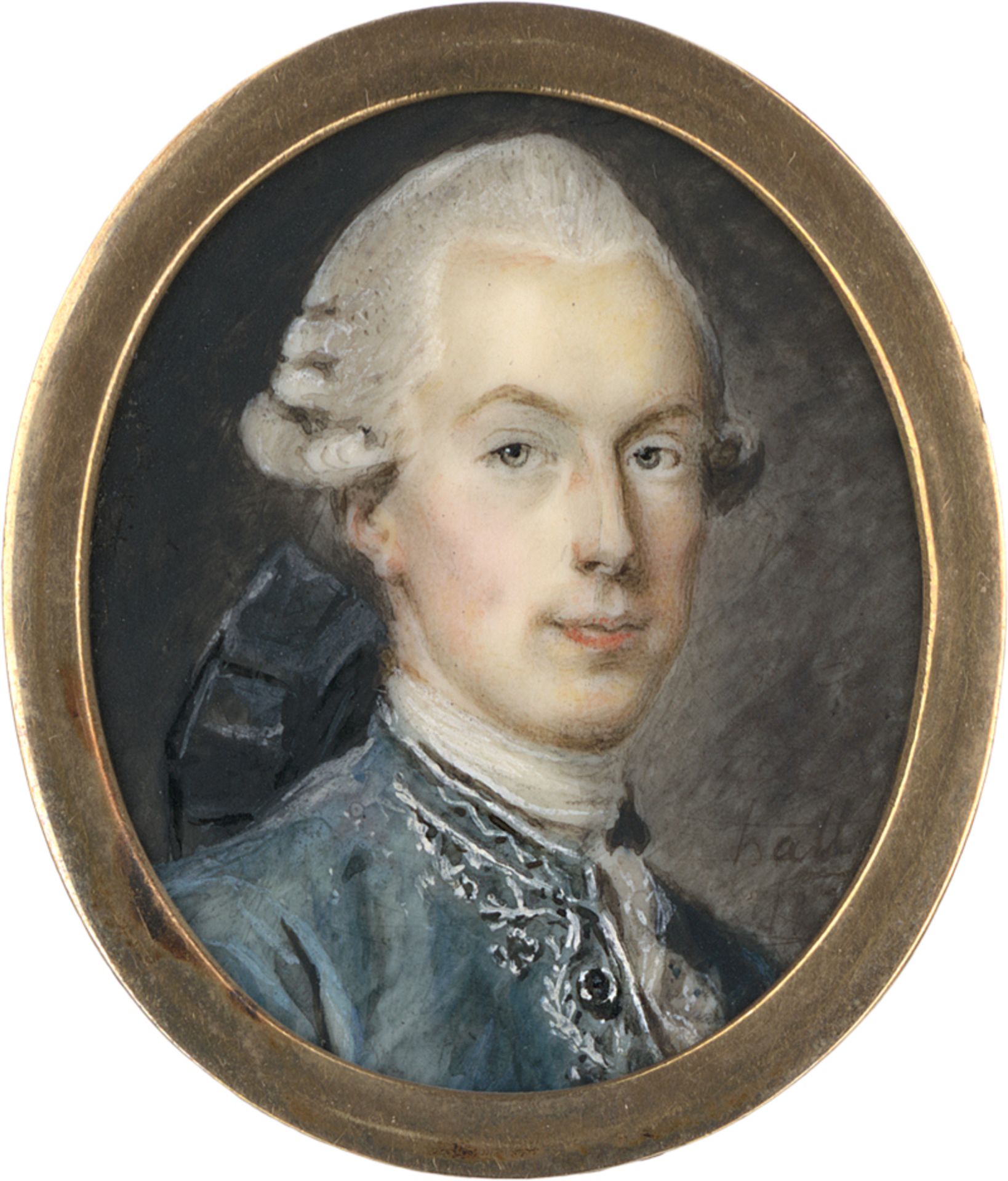 Hall, Pierre Adolphe: Miniatur Portrait eines jungen Mannes in bestickter blau...