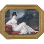 Stroely (Stroehling), Peter Eduard: Miniatur Portrait einer jungen Frau auf rotem Diwan sitz...