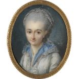 Balay, Johann Jakob Frantz: Miniatur Portrait einer jungen Frau in hellblau gefütter...