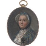 Britisch: um 1760. Miniatur Portrait einer Frau mit braunem Mops u...