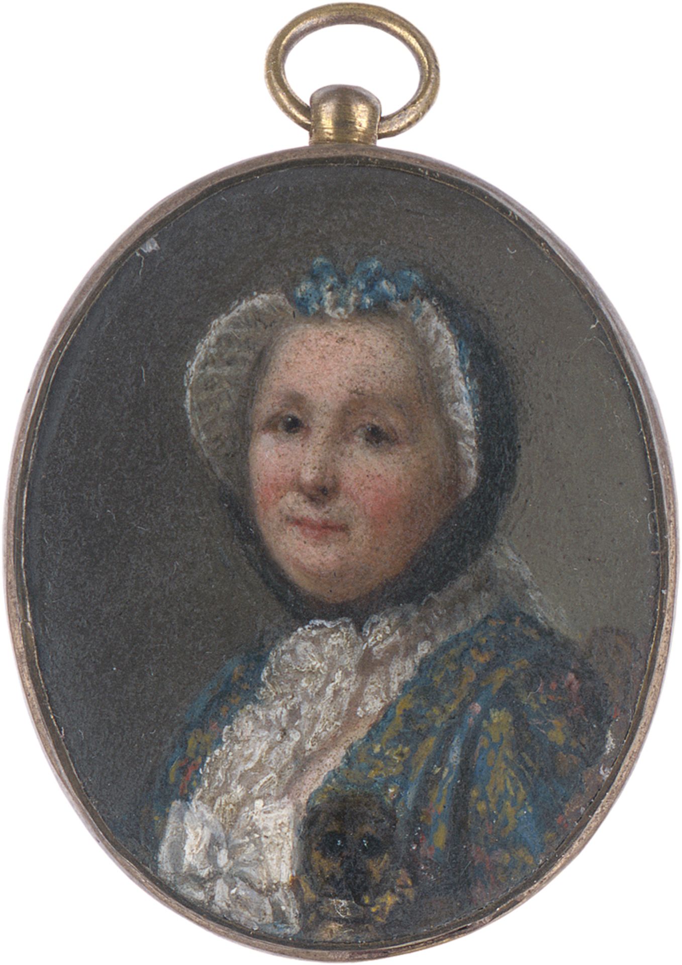 Britisch: um 1760. Miniatur Portrait einer Frau mit braunem Mops u...