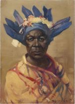 Deutsch: Anfang 20. Jh. Mann vom Pataxó Stamm mit blauem Federkop...