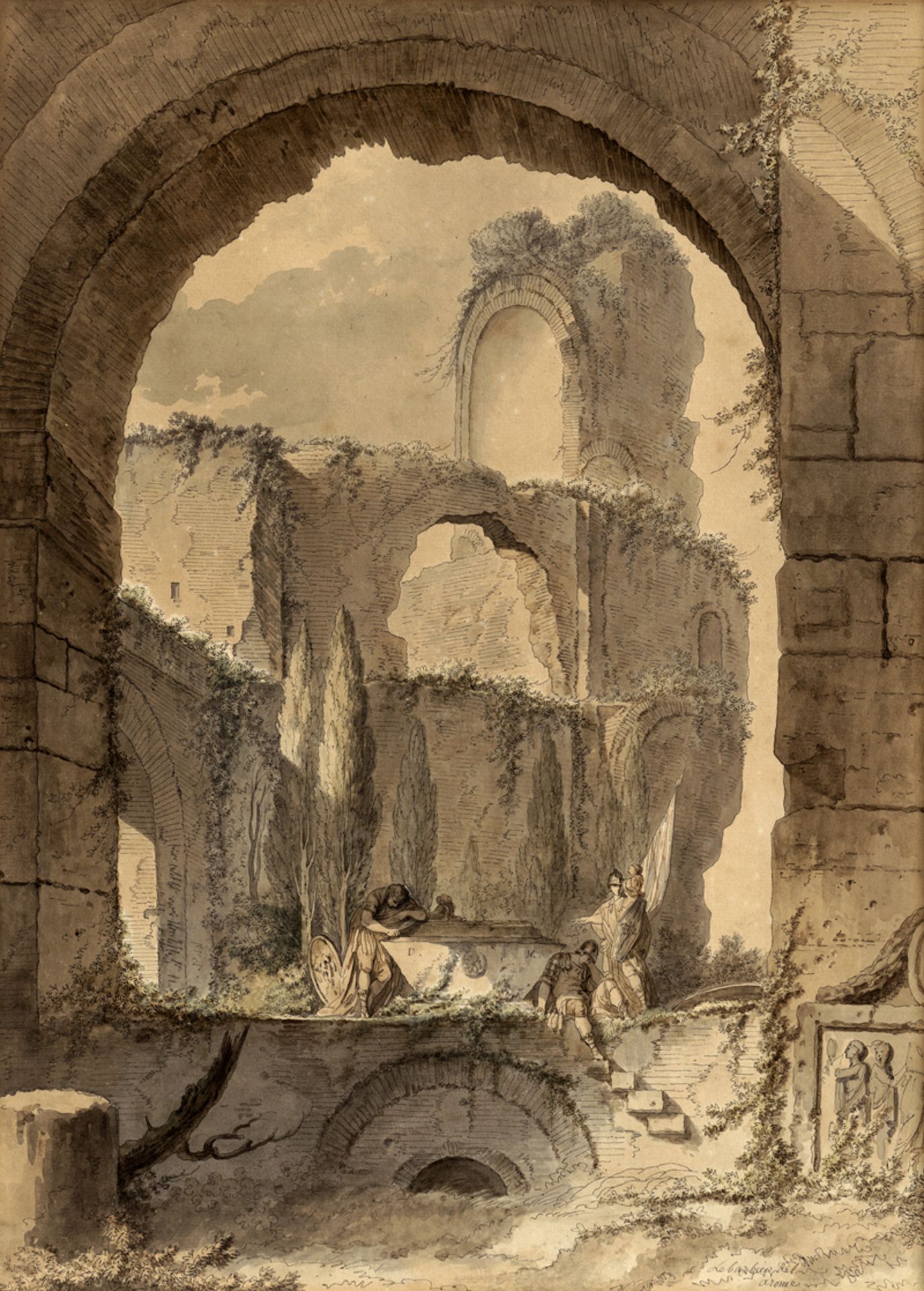 Lebarbier d. Ä., Jean Jacques Franç...: Blick auf eine antike Ruine mit Trauernden an einem Grab...