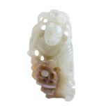 A Chinese carved celadon jade figure, possibly Guanyin holding a censer, 5.5cm high.