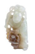 A Chinese carved celadon jade figure, possibly Guanyin holding a censer, 5.5cm high.