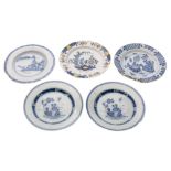 A group of English delftware plates variously painted in the Chinese manner, 23cm [damage to all] 5.