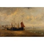 Dutch School (late 19th century) Low tide, fishing boats along a harbour wall,