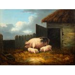 Manner of George Morland (1763-1804) A sow and two piglets outside a rustic barn,