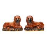 A pair of large Staffordshire brown glazed pottery recumbent lions with glass eyes and on rocky