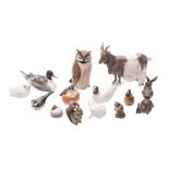 Fourteen Royal Copenhagen porcelain figures of animals and birds including a Goat by Jeanne Grut,