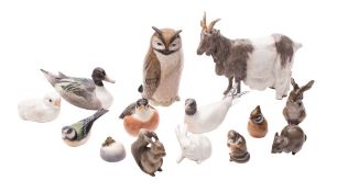 Fourteen Royal Copenhagen porcelain figures of animals and birds including a Goat by Jeanne Grut,