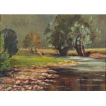 Follower of Alfred Thornton (1863-1939) river landscape, a sketch oil on board 26 x 36cm.