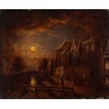 Dutch School (19th century) A moonlit canal scene with the Oude Kerk, Amsterdam,