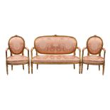 A salon suite of giltwood and upholstered seat furniture in Louis XVI taste,