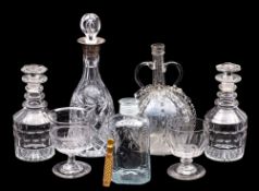 A mixed group of glass, comprising a silver mounted decanter, a pair of smaller decanters,