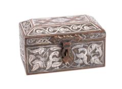 A Persian copper and silver inlaid miniature casket of rectangular outline,