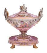 A large Sèvres-style porcelain centrepiece, cover and stand with bisque handles and finial,