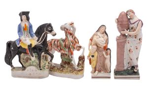A group of four Staffordshire pottery figures comprising two early 19th century pearlware square