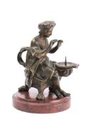 A 19th century bronze figural pricket chamberstick modelled as a seated female wearing robes and a