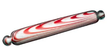 A 'Bristol' glass rolling pin, the clear body with red glass striations, 38cm long.