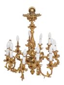 A gilt metal twelve-branch chandelier, the central column with waisted floral decorated stem,