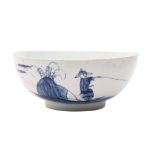 An early Bow blue and white bowl the exterior painted in the 'Fisherman and cross-legged Chinaman'