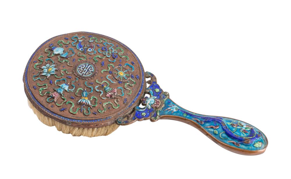 A Chinese cloisonne hairbrush, the waisted handle decorated with a dragon to either side,