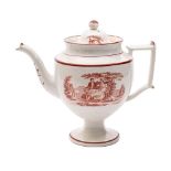 An early 19th century pearlware pedestal coffee pot and cover transfer printed in iron-red with