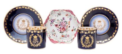 A pair of Louis-Philippe Sèvres coffee cans and saucers and a Chinese porcelain spoon tray,