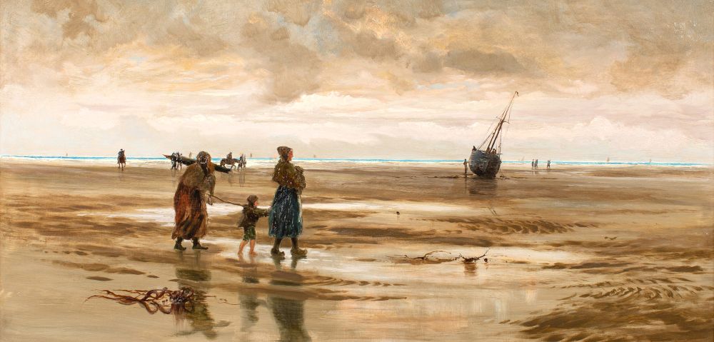 Manner of Walter Langley (British 1852-1922) Dutch fisherfolk on the beach at low tide indistinctly