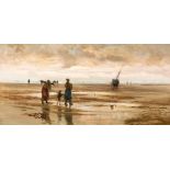 Manner of Walter Langley (British 1852-1922) Dutch fisherfolk on the beach at low tide indistinctly