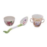 A Meissen-style long-handled ladle, a Berlin two-handled cup and a Continental tea bowl,