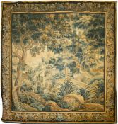 A Flemish verdure tapestry depicting a stylized idyllic forest landscape,