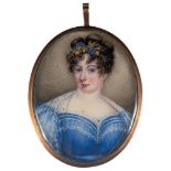 Continental School, circa 1825 A miniature portrait of a lady wearing a blue, lace-trimmed dress,