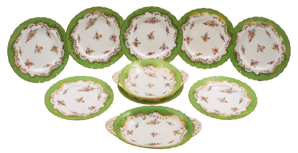 A Coalport porcelain part dessert service comprising an oval two handled dish,