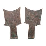 Two Chinese archaistic bronze spade coins each with arched end,