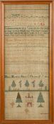 A George III needlework sampler with upper and lower case alphabet, verses, birds and trees,
