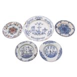 A group of five various 18th century delftware dishes comprising a polychrome plate of Ann Gomm