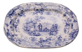 A Davenport blue and white meat dish transfer printed with the 'Bride of Lammermoor' from 'Scott's
