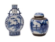 A Chinese porcelain moon flask and a crackle ware jar and cover,
