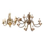 A Dutch style brass four-branch chandelier with swept arms issuing from a bulbous stem,