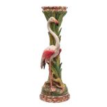 A Delphin Massier majolica 'flamingo' jardiniere stand in the form of a flamingo standing amongst