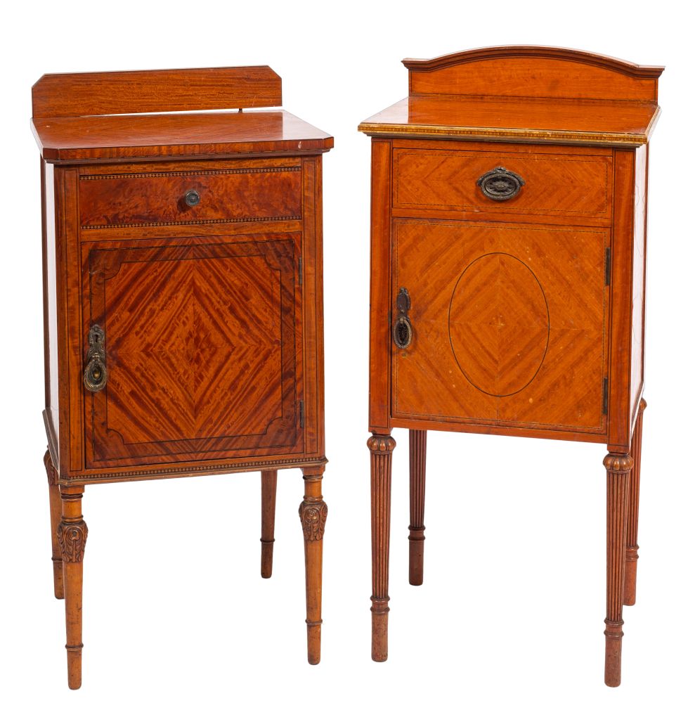 Two similar mahogany and line inlaid bedside cupboards in Louis XVI taste,