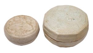 Two Chinese Qingbai boxes and covers, one of rounded octagonal form, the other circular,
