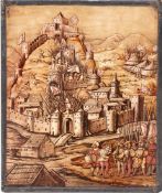 A 19th century stained glass panel depicting a city under siege,