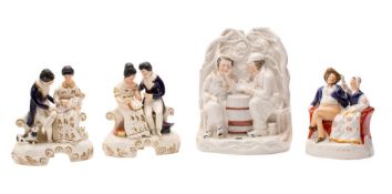 A group of 19th century Staffordshire pottery figures comprising a pair 'courtship and marriage',